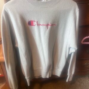 Champion Light Blue Crewneck with Pink Script Logo